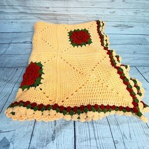 Vintage Handmade Afghan Crochet Orange and Green 3D flowers 44" x 72"